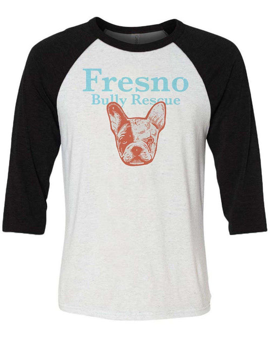 Unisex | Fresno Bully Rescue Frenchie Logo | 3/4 Sleeve Raglan - Arm The Animals Clothing Co.