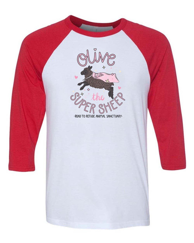 Load image into Gallery viewer, Unisex | Olive The Super Sheep | 3/4 Sleeve Raglan - Arm The Animals Clothing Co.
