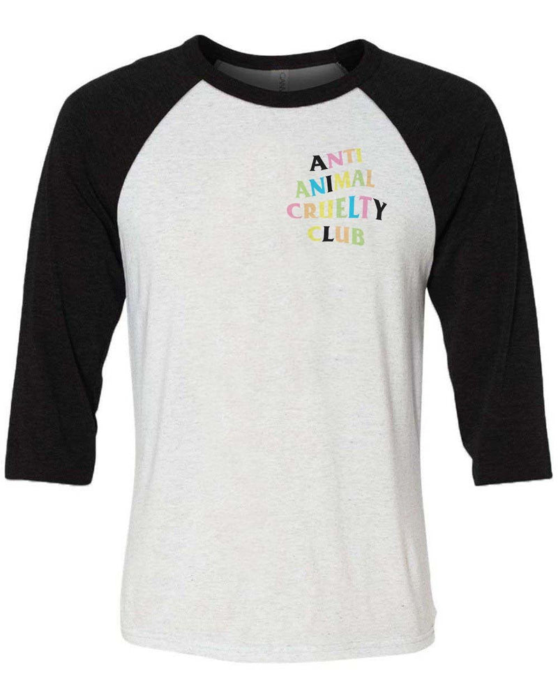 Load image into Gallery viewer, Unisex | Rainbow Anti Animal Cruelty Club | 3/4 Sleeve Raglan - Arm The Animals Clothing LLC
