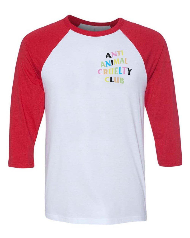 Load image into Gallery viewer, Unisex | Rainbow Anti Animal Cruelty Club | 3/4 Sleeve Raglan - Arm The Animals Clothing LLC
