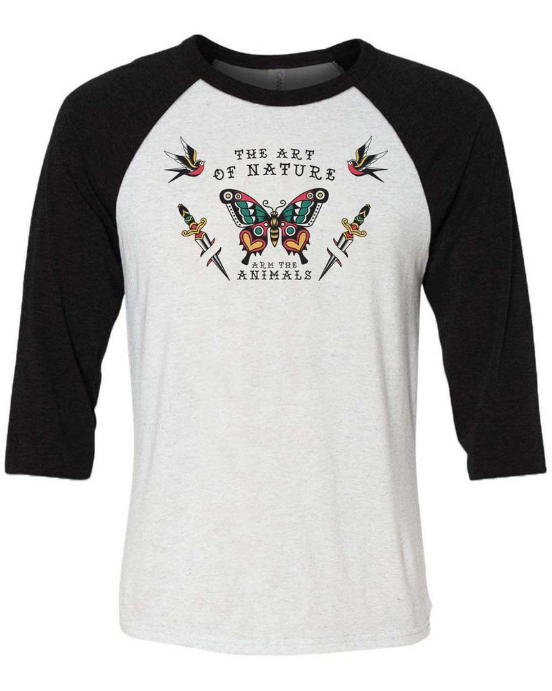 Load image into Gallery viewer, Unisex | Tattoo Butterfly | 3/4 Sleeve Raglan - Arm The Animals Clothing Co.

