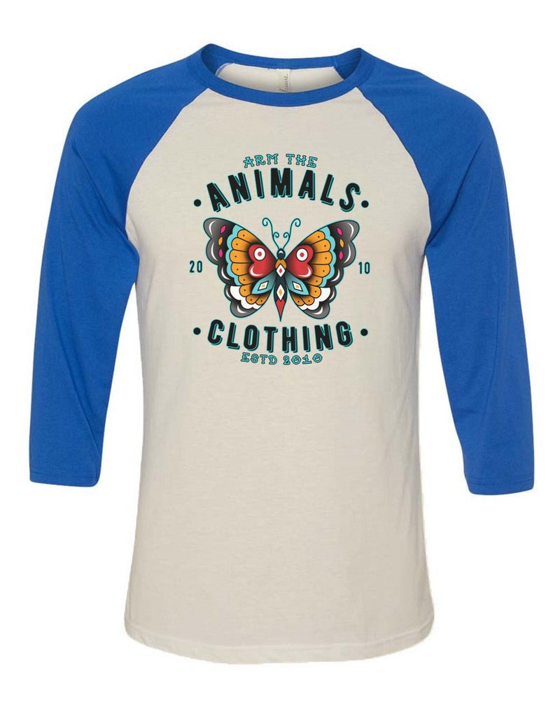 Load image into Gallery viewer, Unisex | Varsity Butterfly | 3/4 Sleeve Raglan - Arm The Animals Clothing Co.
